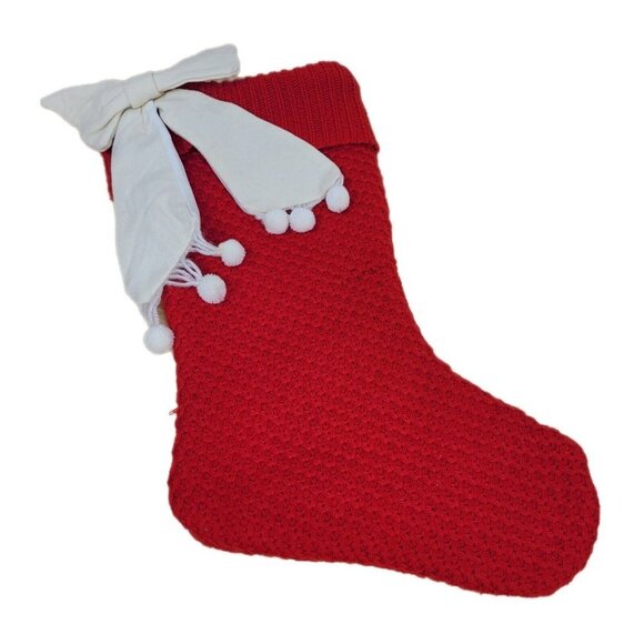 Cable Knit Red Christmas Stocking Pom Pom Holiday Fireplace Decor Bow - Picture 1 of 8